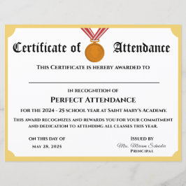 カスタマイズ可能なPerfect Attendance Award証明書