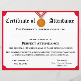 カスタマイズ可能なPerfect Attendance Award証明書
