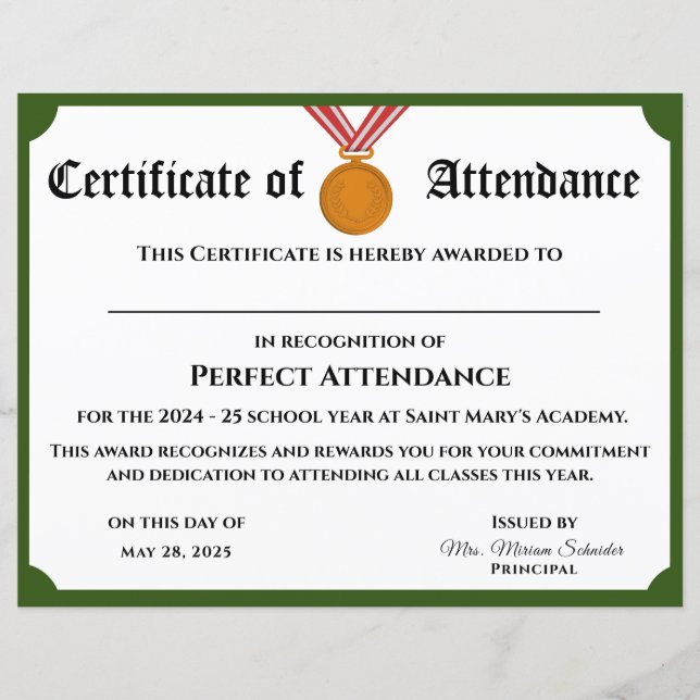 カスタマイズ可能なPerfect Attendance Award証明書 (正面)