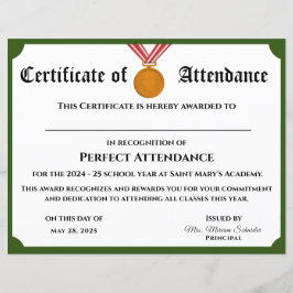 カスタマイズ可能なPerfect Attendance Award証明書