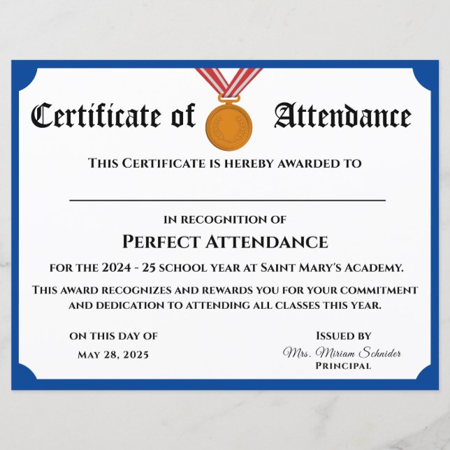 カスタマイズ可能なPerfect Attendance Award証明書 (正面)