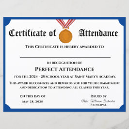 カスタマイズ可能なPerfect Attendance Award証明書