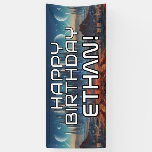 カスタマイズ可能なSci-Fiをテーマにしたハッピーバースデー（nam付き） 横断幕 (縦)