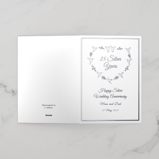 カスタマイズ可能結婚なシルバー記念日 箔グリーティングカード (外側レイダウン)