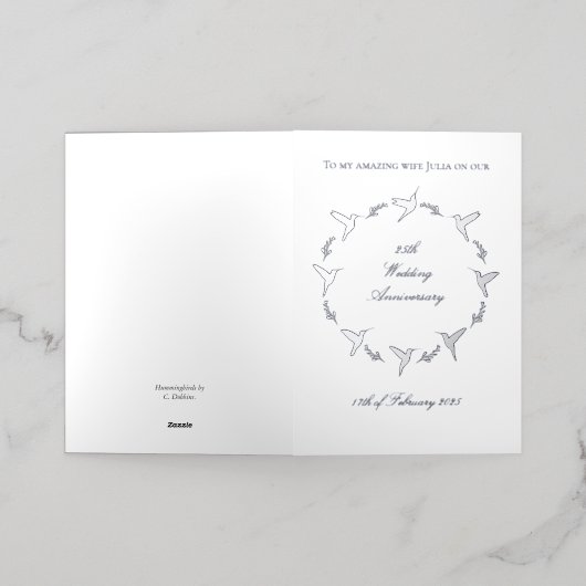 カスタマイズ可能結婚なシルバー記念日 箔グリーティングカード (外側レイダウン)