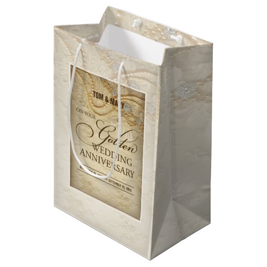 カスタマイズ可能結婚な50周年真珠 ミディアムペーパーバッグ (正面アングル)