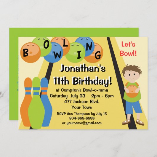 カスタマイズ可能行こうボーリングをする誕生会 招待状 (正面/裏面)