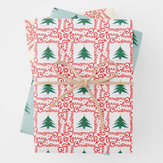 カスタマイズ可能赤と白なメリークリスマスツリー ラッピングペーパーシート (インサイチュ)