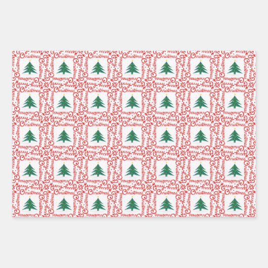 カスタマイズ可能赤と白なメリークリスマスツリー ラッピングペーパーシート (正面)