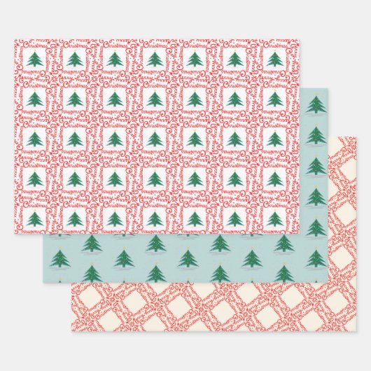 カスタマイズ可能赤と白なメリークリスマスツリー ラッピングペーパーシート (セット)