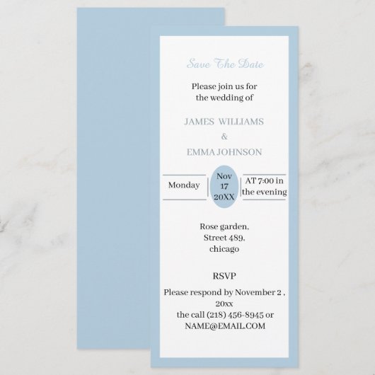 カスタマイズ可能 シンプル ライトブルー Save The Date 招待状 (正面/裏面)