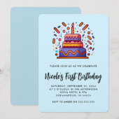 カスタマイズ可能 ブルー オレンジ 1歳 誕生日 招待状 (正面/裏面)