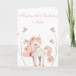 カスタマイズ可能 ユニコーンと花 6歳の誕生日 カード