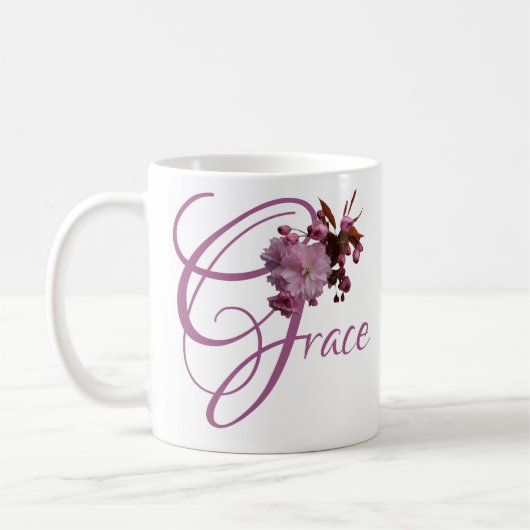 カスタマイズ可能 名前 Grace ピンク 桜 レトロかわいい コーヒーマグカップ (左)
