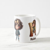 カスタマイズ可能 名前&M 眠い朝のチェック柄 キャラクター コーヒーマグカップ (正面右)