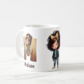 カスタマイズ可能 名前&M 眠い朝のチェック柄 キャラクター コーヒーマグカップ (正面左)