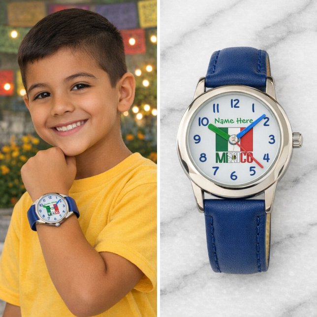 カスタマイズ可能 子供用 メキシコ フラグ 青 時計面 腕時計 (Personalized kid's watch with Mexican Flag, MEXICO below in flag colors. Add name above in green.)