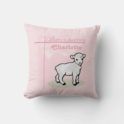 カスタマイズ可能，洗礼，ピンク，女の子，子羊 クッション (正面)