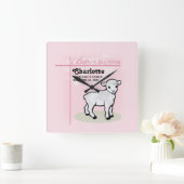 カスタマイズ可能，洗礼，ピンク，女の子，子羊 スクエア壁時計 (ホーム)