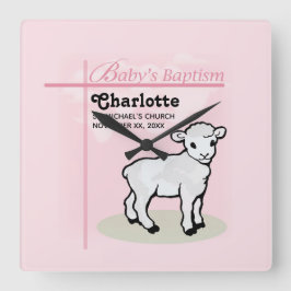 カスタマイズ可能，洗礼，ピンク，女の子，子羊 スクエア壁時計