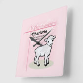 カスタマイズ可能，洗礼，ピンク，女の子，子羊 スクエア壁時計 (傾斜)