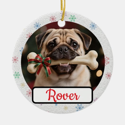 カスタマイズ可能 犬と骨 ペットの飼い主のクリスマス セラミックオーナメント (正面)