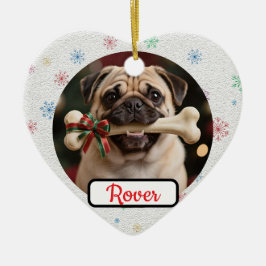 カスタマイズ可能 犬と骨 ペットハートクリスマス セラミックオーナメント