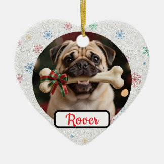 カスタマイズ可能 犬と骨 ペットハートクリスマス セラミックオーナメント