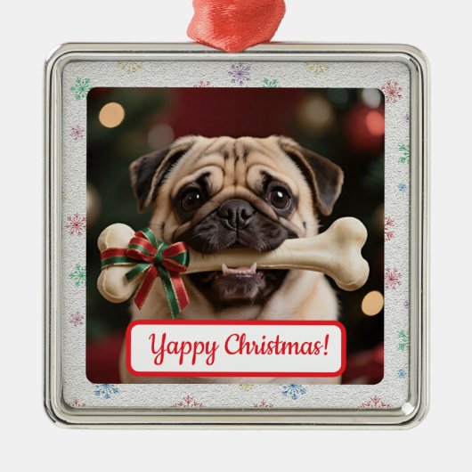 カスタマイズ可能 犬と骨 愛犬家のスクエアクリスマスオーナメント メタルオーナメント (正面)
