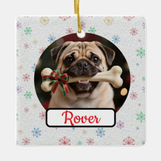 カスタマイズ可能 犬 と 骨 ペット スクエア クリスマス セラミックオーナメント