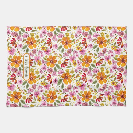 カスタマイズ可能 Finally Spring Watercolor Floral  キッチンタオル (横)