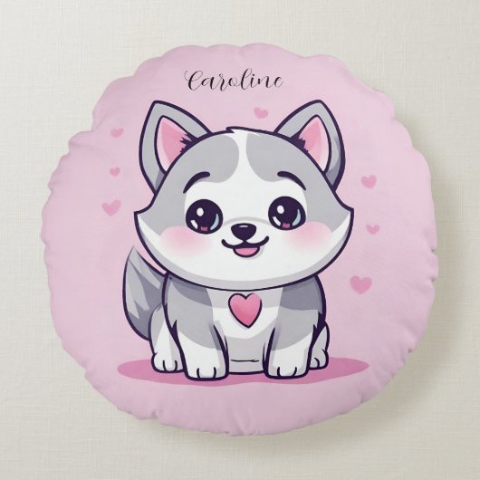 カスタマイズ可 かわいいハスキー子犬 ピンク ラウンドクッション (正面)