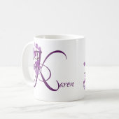 カスタマイズ可「Karen」名入り紫の花 フローラル コーヒーマグカップ (正面左)