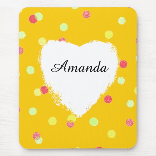 カスタマイズ多彩な点及び白いハートの形の名前 マウスパッド (正面)