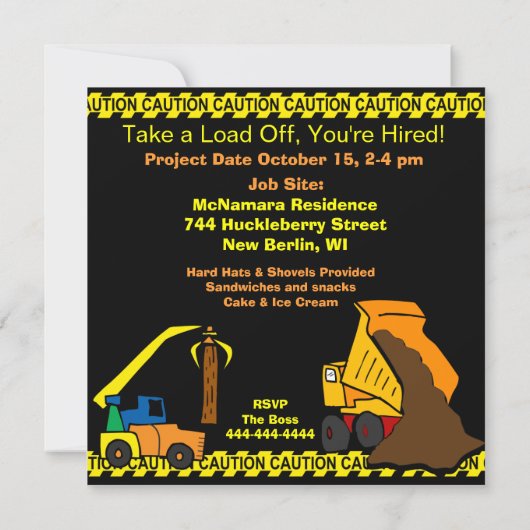 カスタマイズ建築ブルドーザ誕生日招待状 招待状 (裏面)