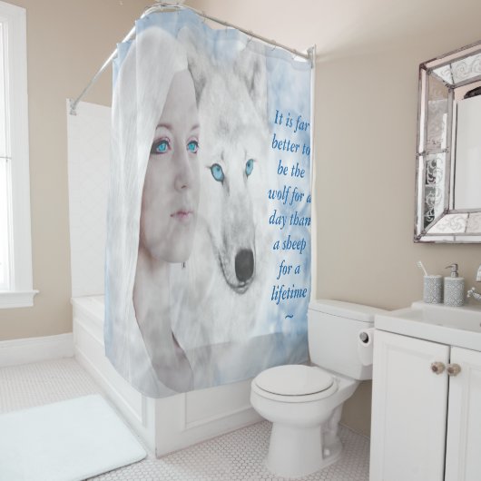 カスタマイズ引用文スノーホワイトウルフレディーブルーアイズ シャワーカーテン (インサイチュ)