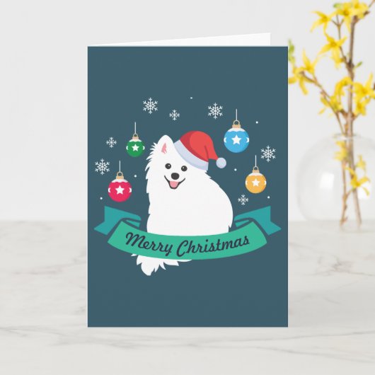 カスタマイズ日本の可能なスピッツ犬のメリークリスマス カード (黄色い花)