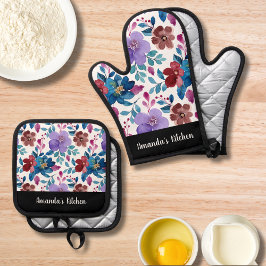 カスタマイズ水カラフル色の野スタイリッシュ花 鍋つかみ&鍋敷きセット