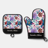 カスタマイズ水カラフル色の野スタイリッシュ花 鍋つかみ&鍋敷きセット (正面)