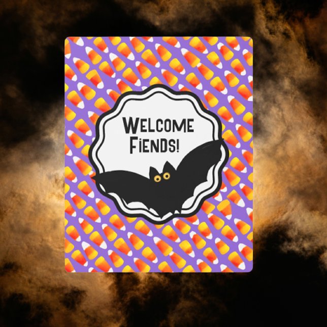 カスタマイズ熱狂するキャンディーコーンブラックこうもり歓迎 メタルプリント (Unique metal house sign to welcome all your Fiends, oops I mean Friends.)