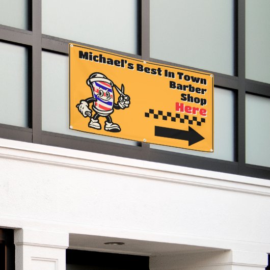 カスタマイズ理容師ショップはこちら矢印ターン右プロモーション 横断幕 (ビルの外側)
