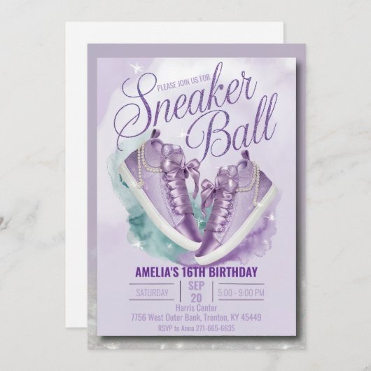カスタマイズ甘ラベンダー誕生日スニーカー 招待状 (正面/裏面)
