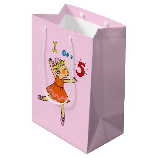 カスタマイズ第5ハッピーバースデーの女の子のバレリーナのパーティー ミディアムペーパーバッグ (裏面アングル)