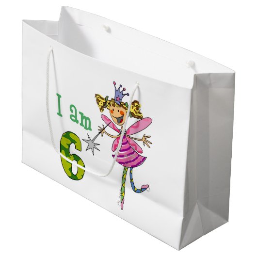 カスタマイズ第6ハッピーバースデーの王女の妖精のパーティー ラージペーパーバッグ (正面アングル)