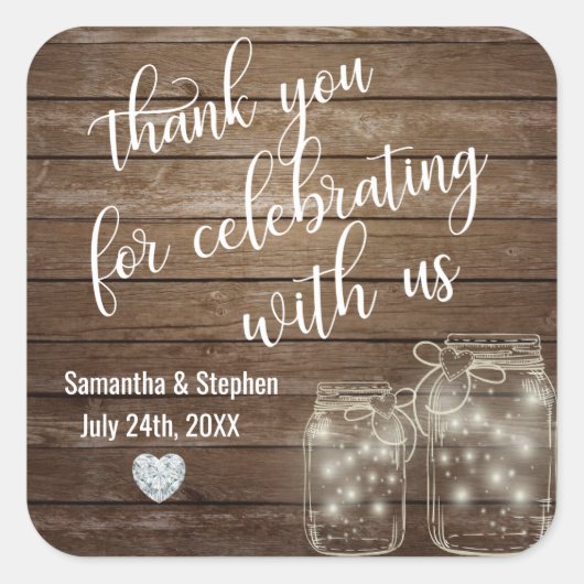 カスタマイズ素朴メイスンジャースウッドハート結婚ズ スクエアシール (正面)