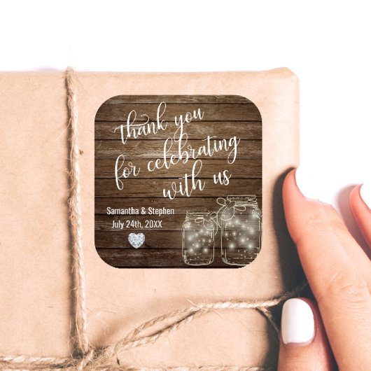 カスタマイズ素朴メイスンジャースウッドハート結婚ズ スクエアシール