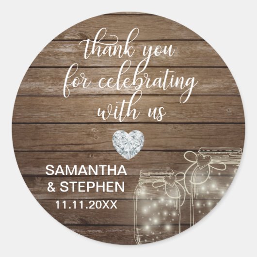 カスタマイズ素朴メイスンジャースウッドハート結婚ズ ラウンドシール (正面)