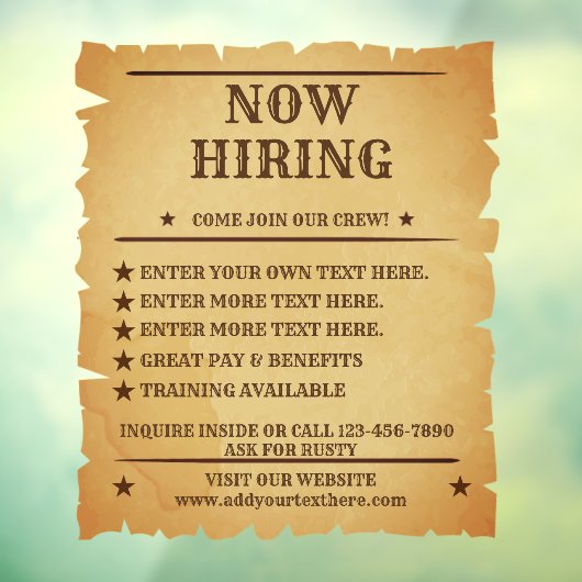 カスタマイズ素朴ヴィンテージ一般採用ポスター ウィンドウサイン (シート3)