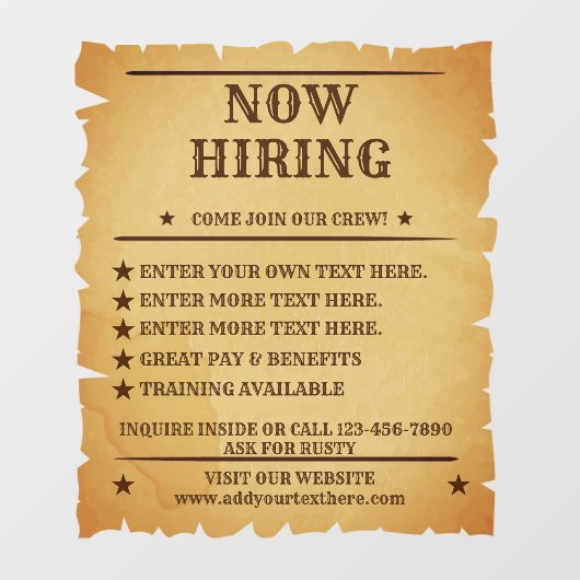 カスタマイズ素朴ヴィンテージ一般採用ポスター ウィンドウサイン (シート)