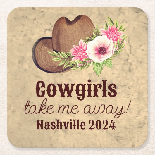 カスタマイズ素朴可能なフローラ女性のカーボーイ スクエアペーパーコースター (正面)